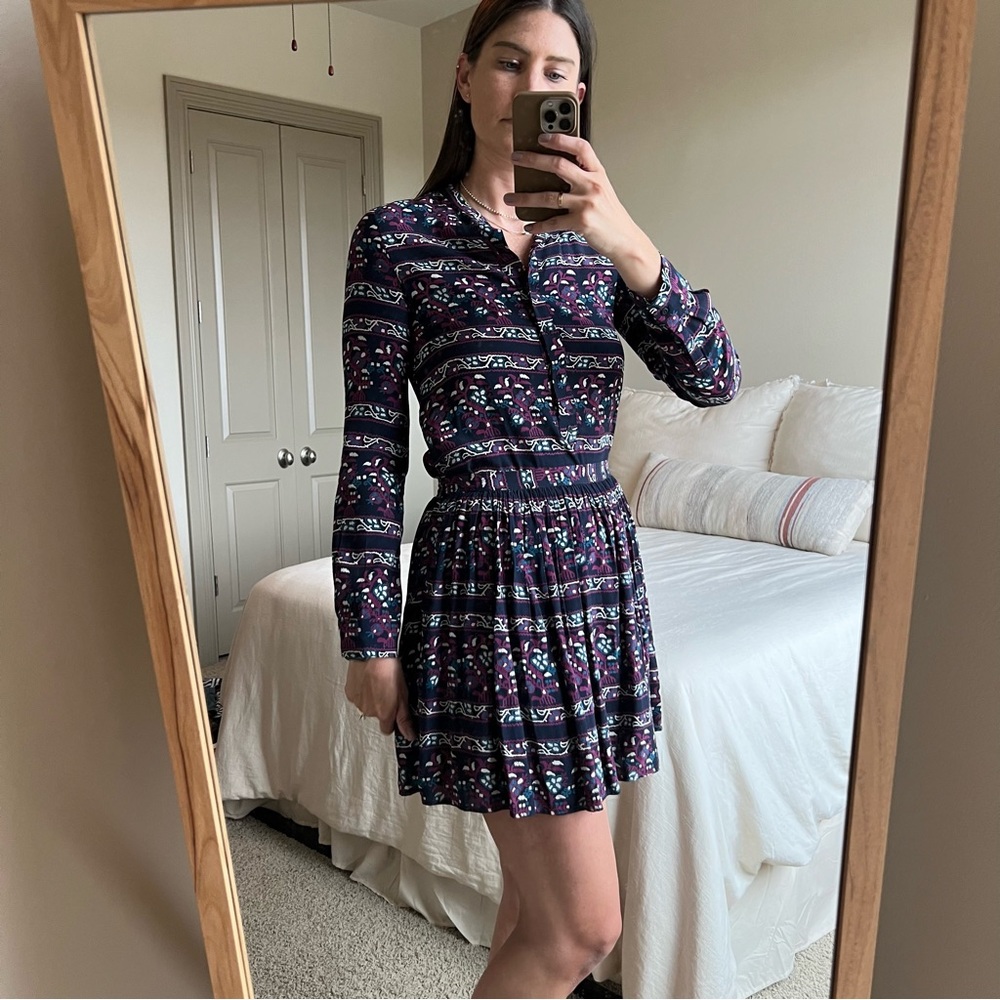 Athe Vanessa Bruno Navy Patterned Button Down Top & Mini Skirt Set, Size 4